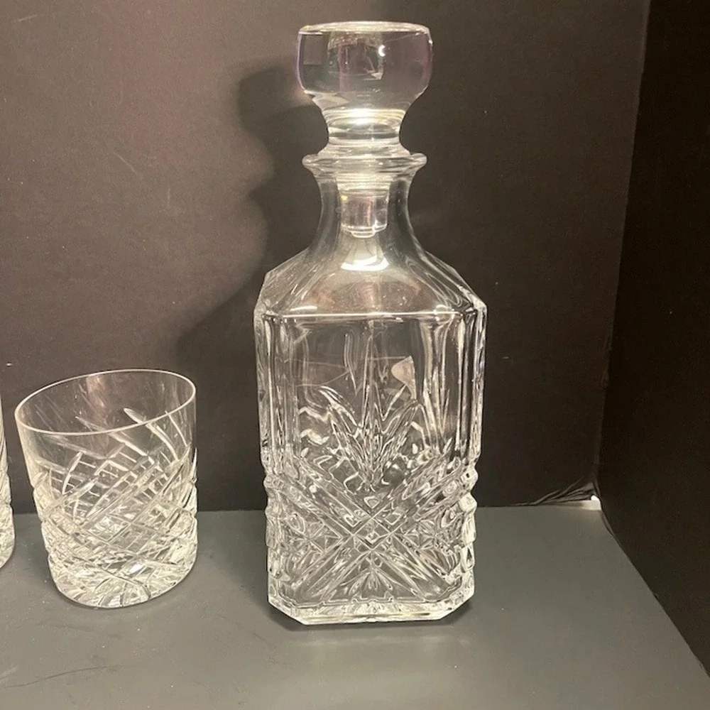 Vintage Godinger Dublin Crystal Whiskey Decanter Set 3 Lowball Glasses 4pc